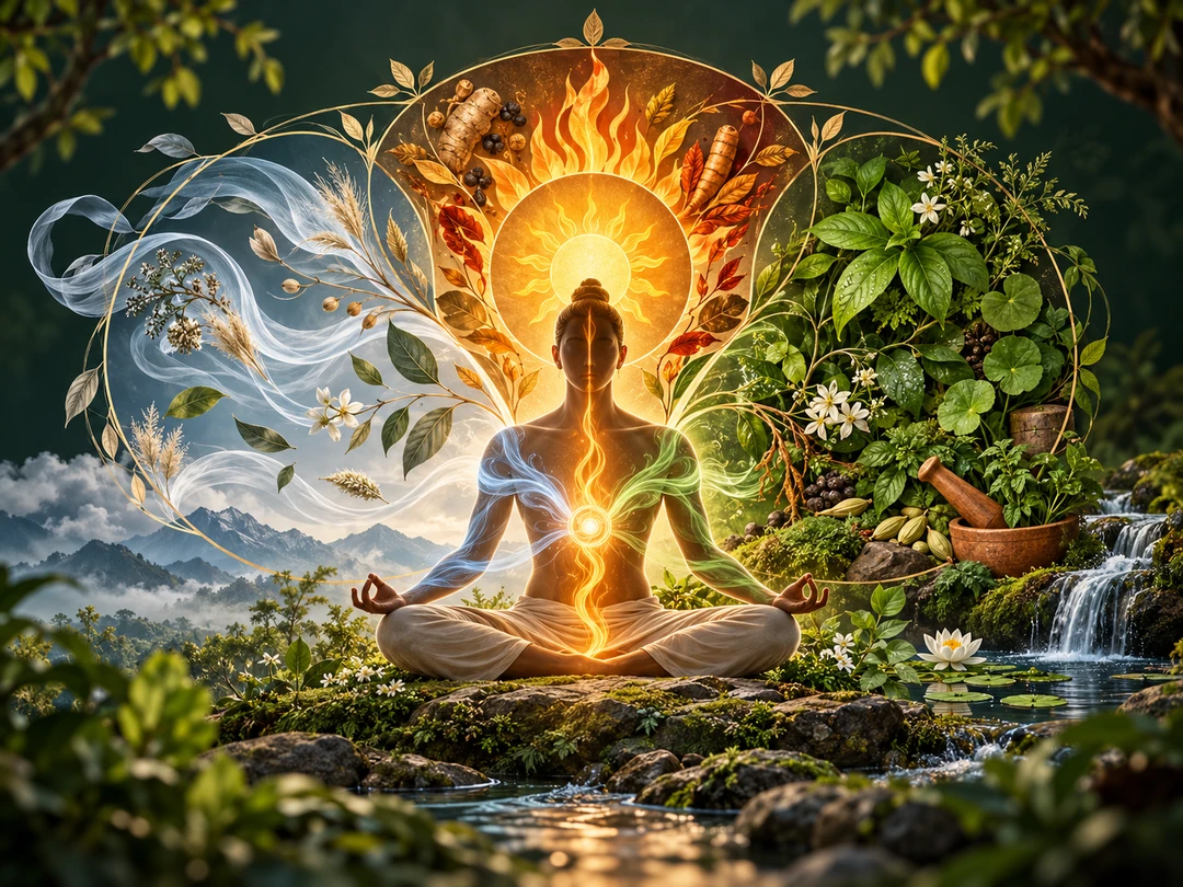 Contemporary Siddha-inspired illustration representing Vatham, Pitham, and Kabam in balance
